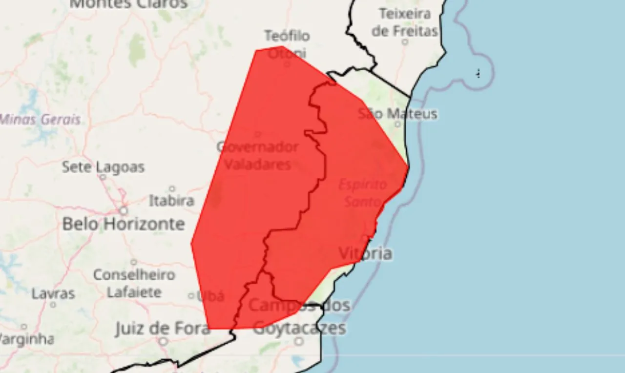 o mapa mostra as &aacute;reas em alerta para chuva intensa